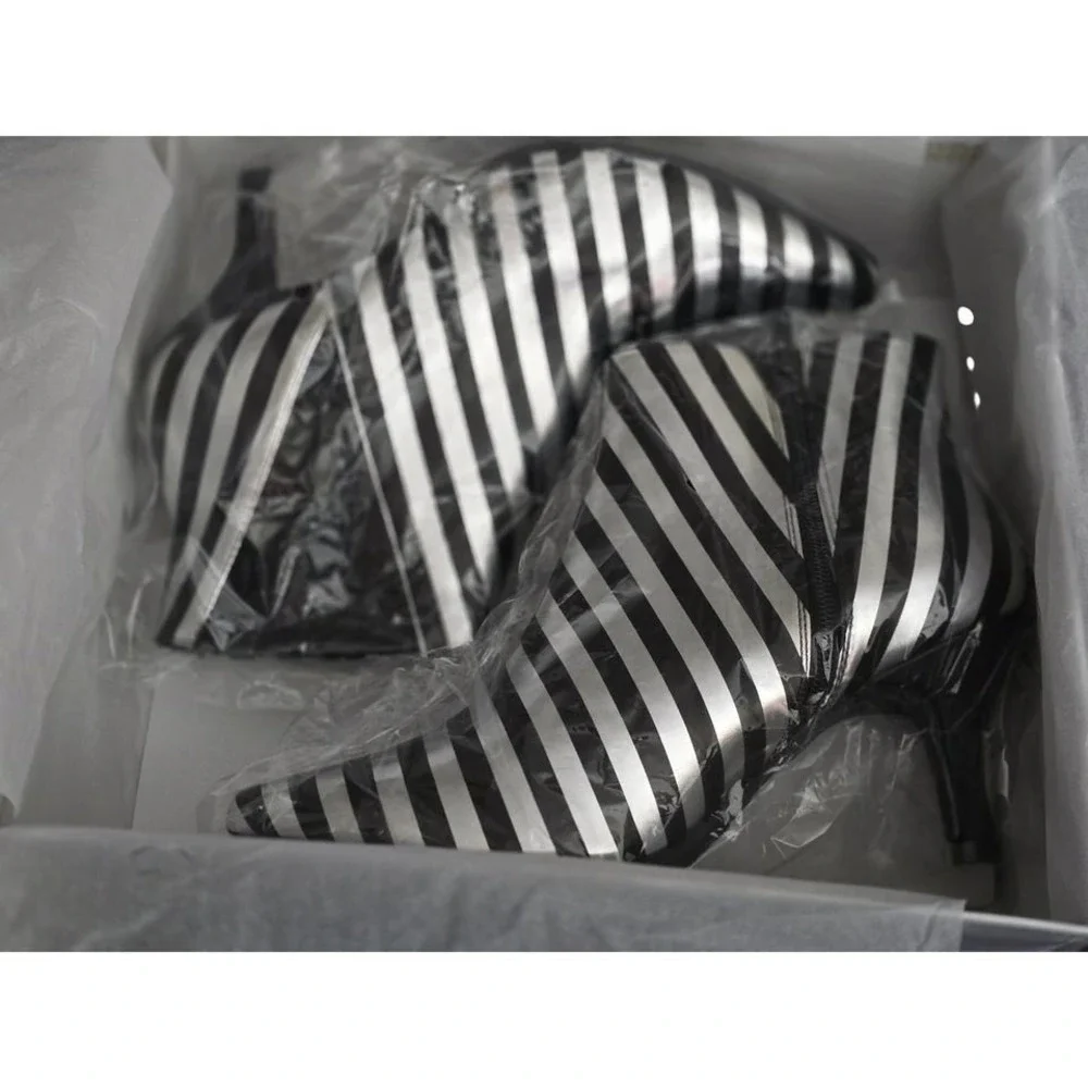 T4730 Silver Black Striped Pointed‎ Toe Kitten Heel Ankle Boots A4892 Size 8M